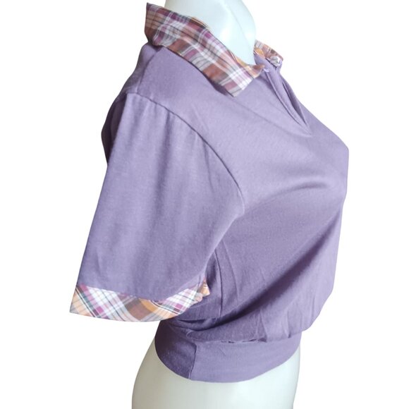 Small True Vintage Top Disco Purple Plaid Collar Cuffs 1970's Buttery Thin Crop - Picture 4 of 7